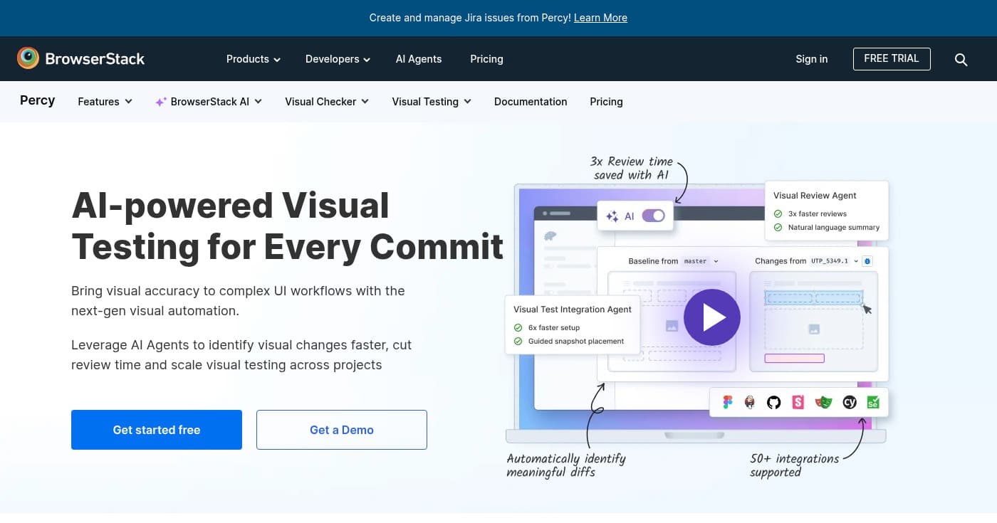 Screenshot of BrowserStack Percy homepage