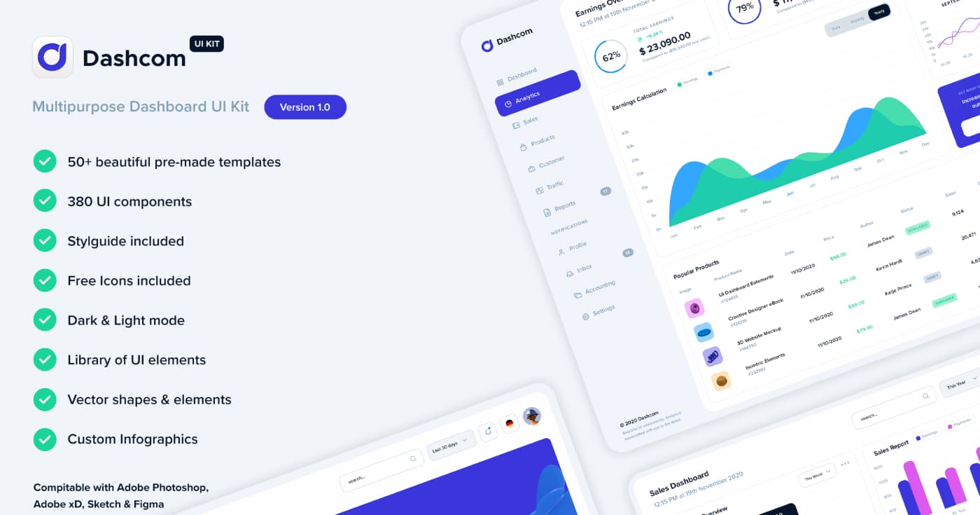 Dashcom – XD Dashboard UI Kit (Premium)