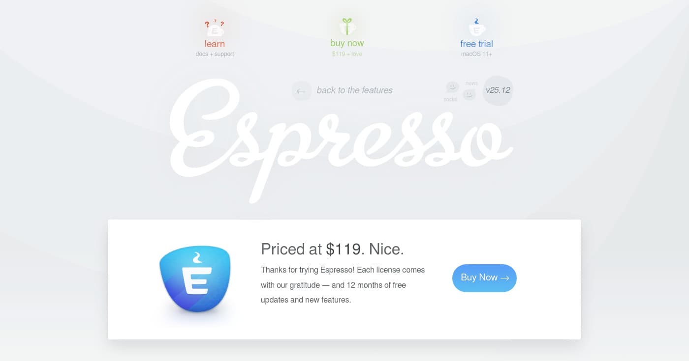 Screenshot of Espresso homepage