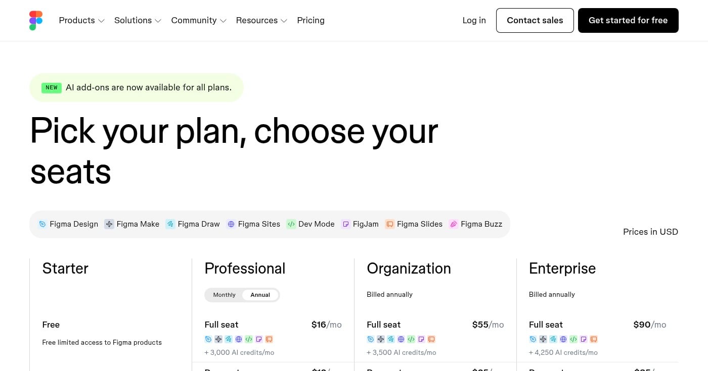 Figma pricing page: the primary platform for building brand guidelines and design system libraries