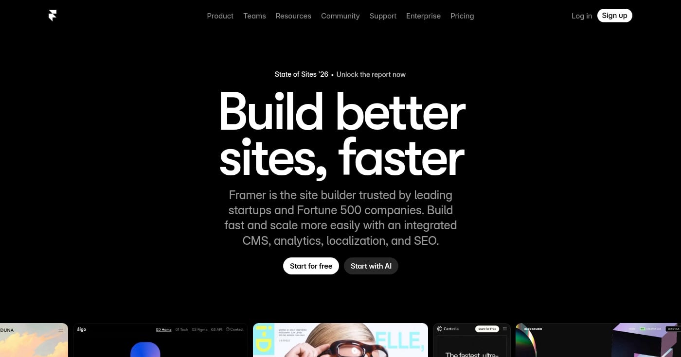Framer landing page builder homepage screenshot