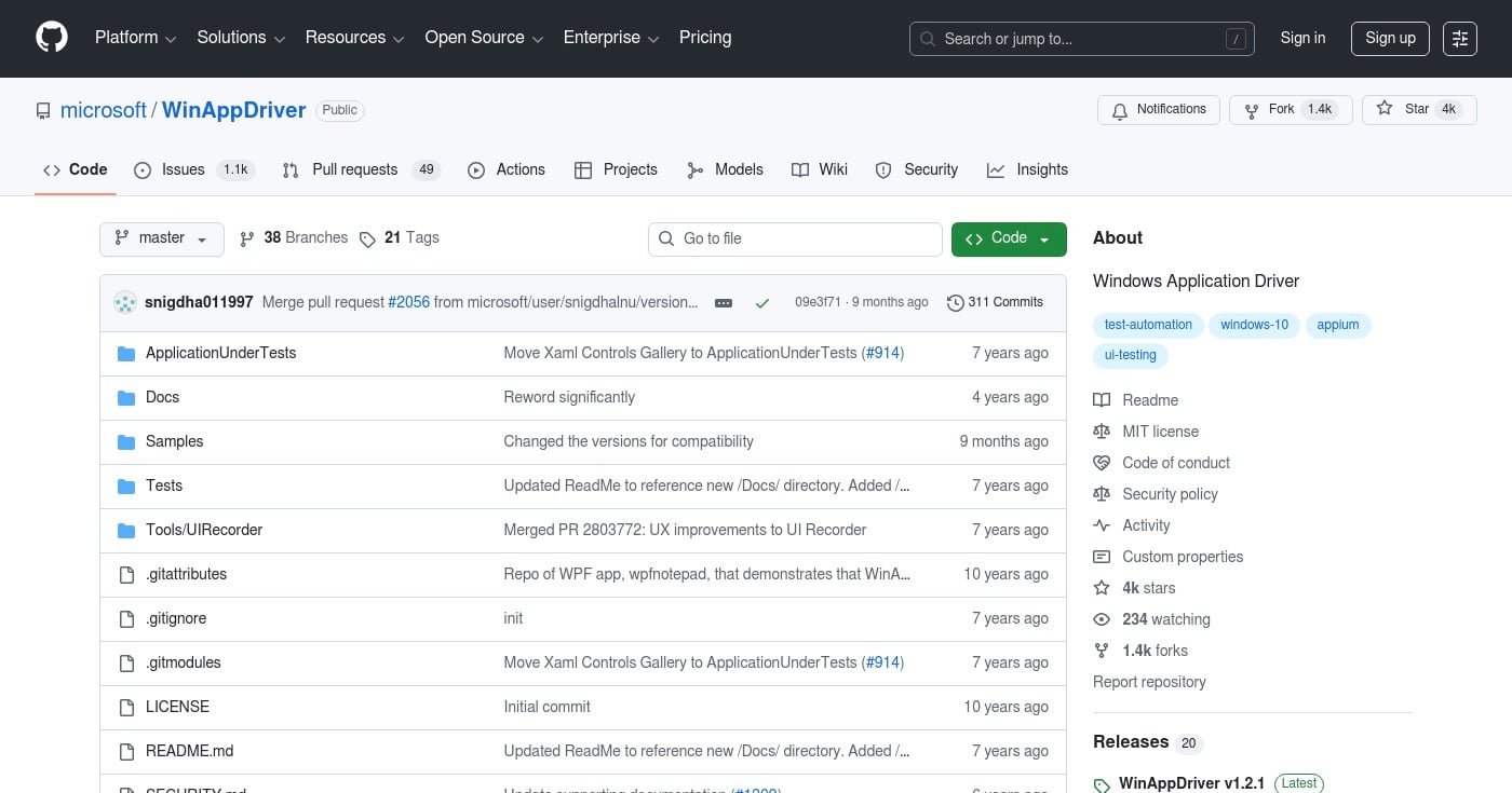 Screenshot of WinAppDriver homepage