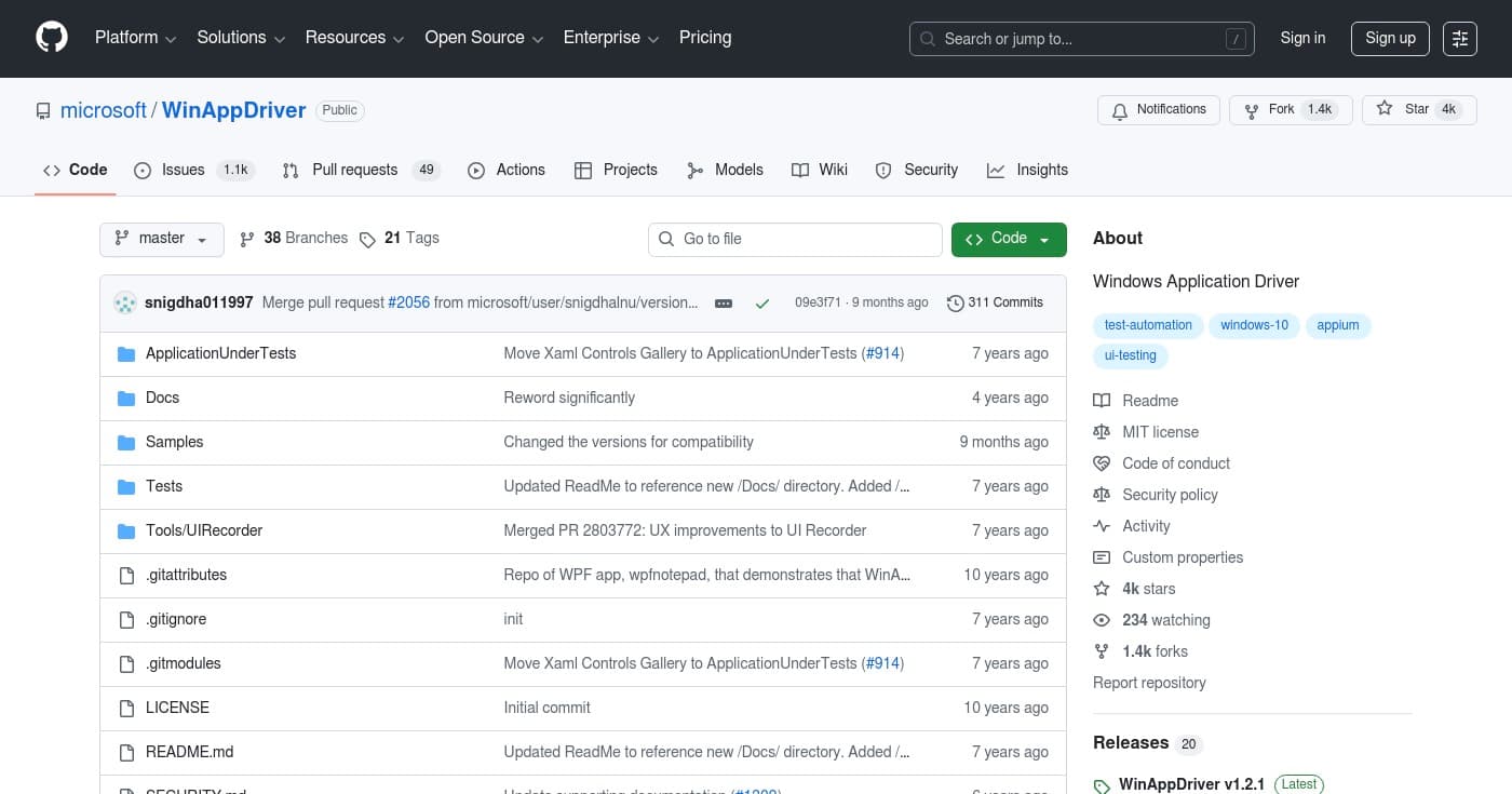 Screenshot of WinAppDriver homepage