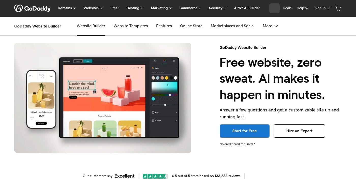 Godaddy website builder homepage screenshot