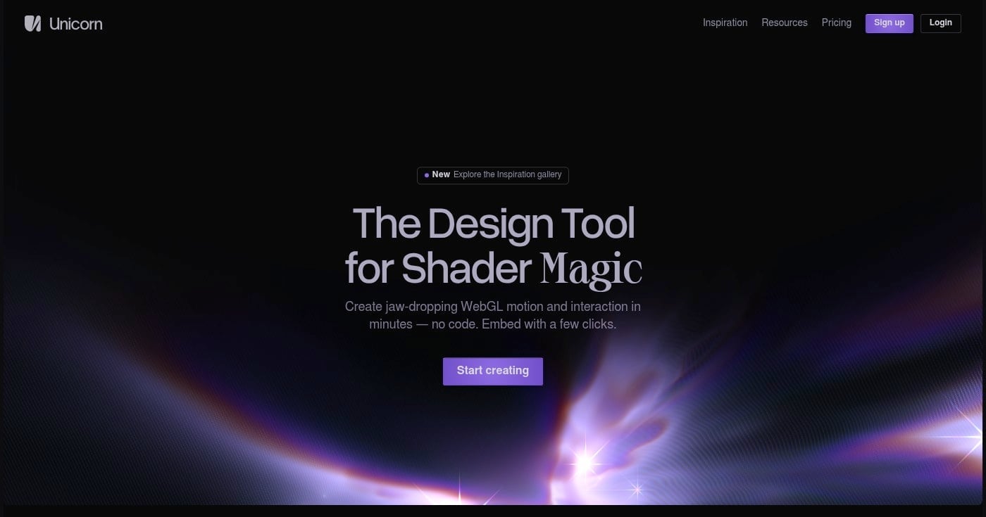 Unicorn Studio no-code WebGL design tool homepage