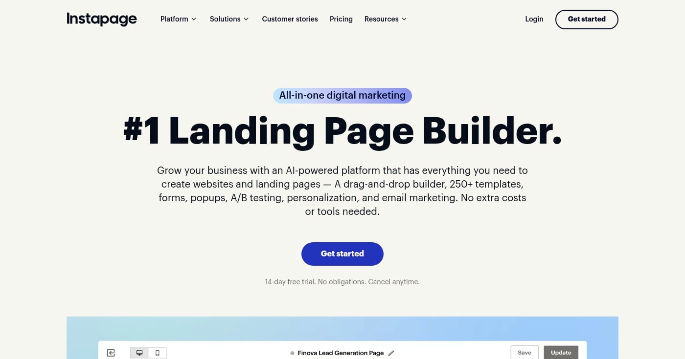 Instapage landing page builder homepage screenshot