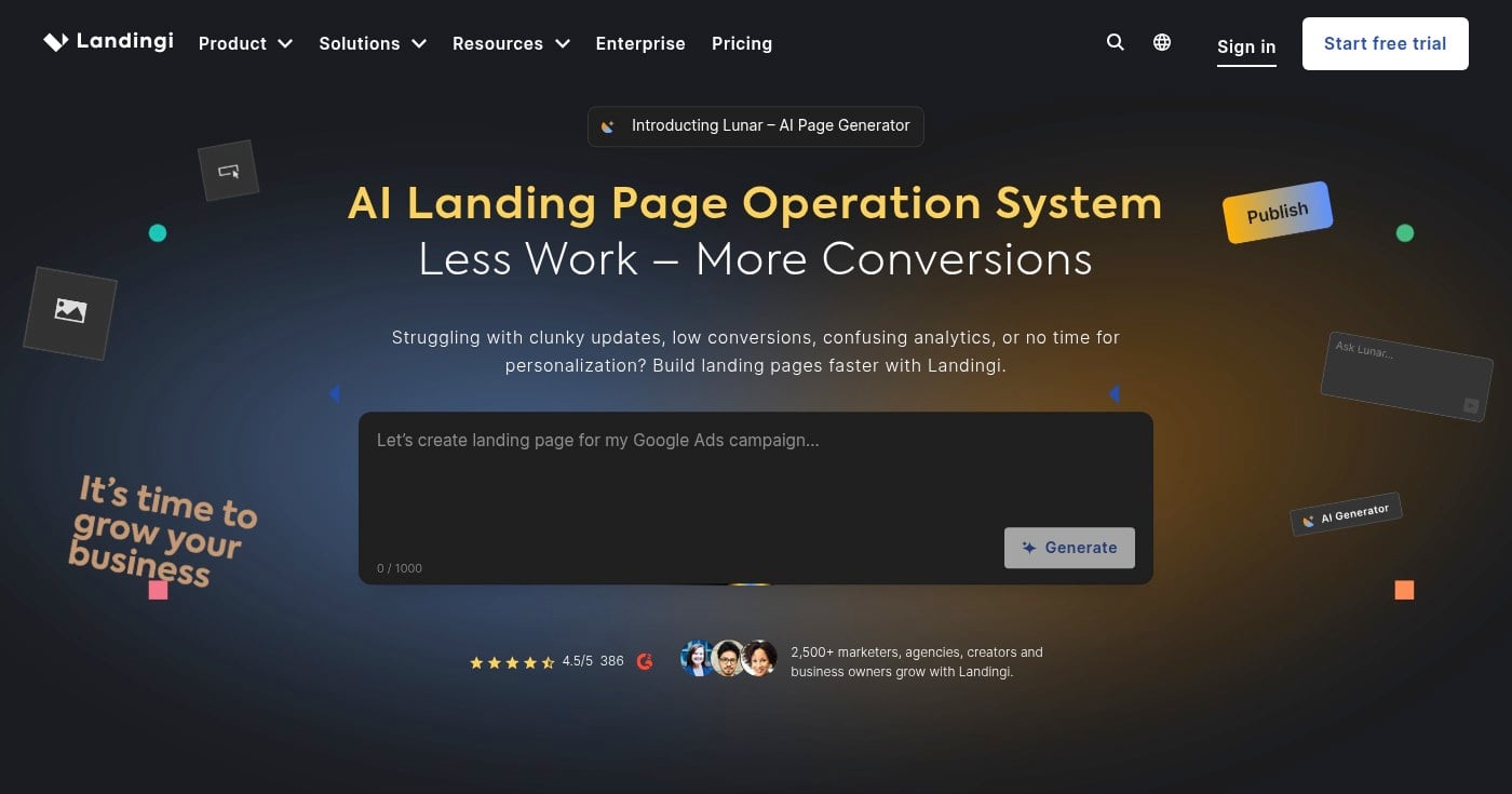 Landingi landing page builder homepage screenshot