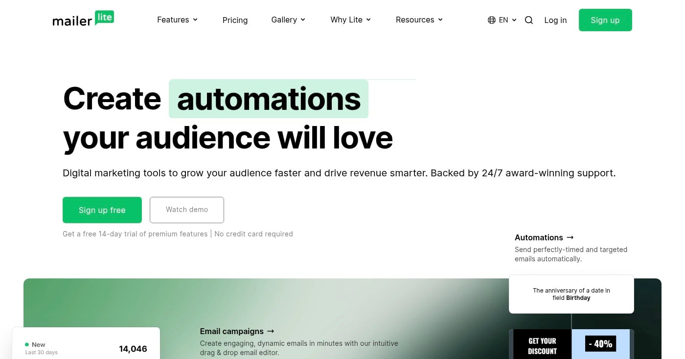 Mailerlite landing page builder homepage screenshot