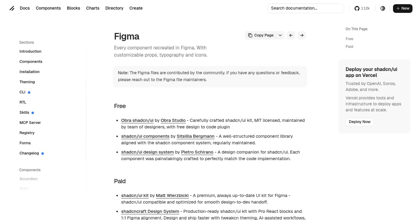 shadcn/ui Design System for Figma page