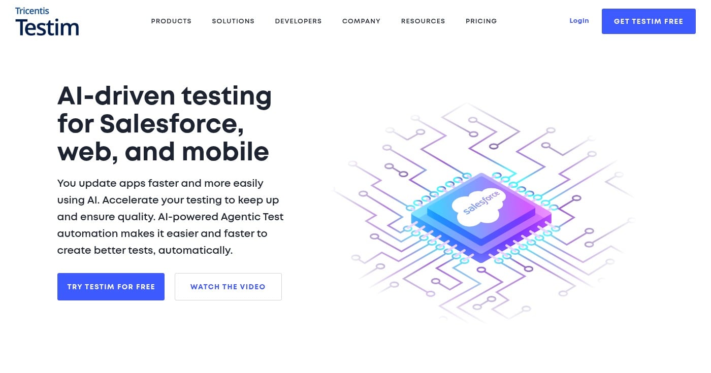Screenshot of Testim homepage