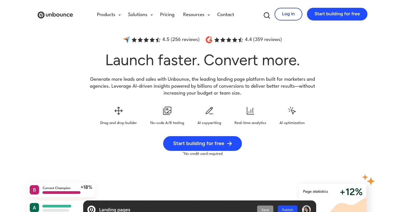 Unbounce landing page builder homepage screenshot