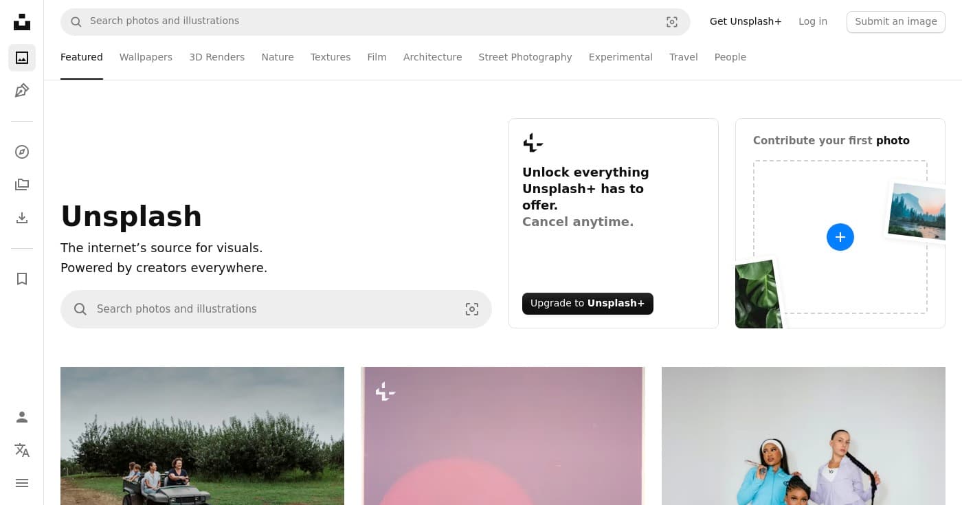 Screenshot of Unsplash homepage