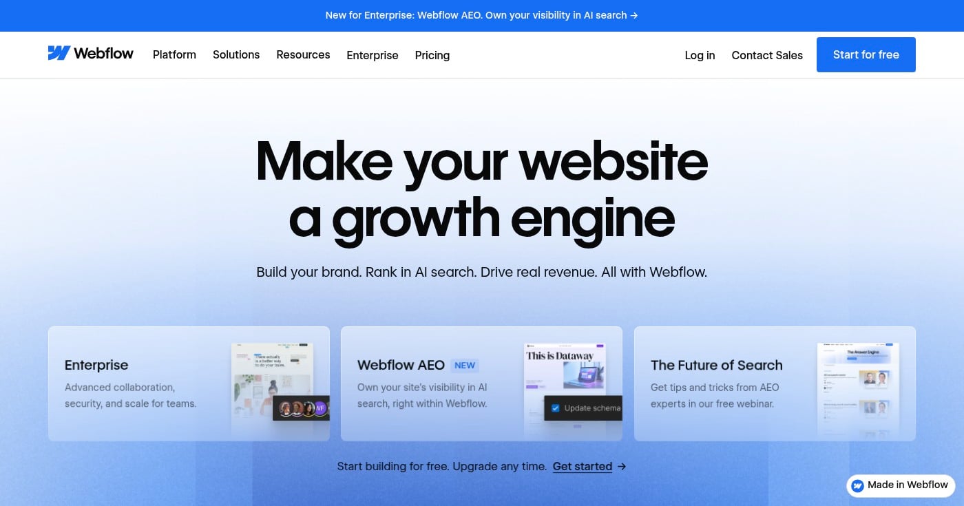 Webflow landing page builder homepage screenshot