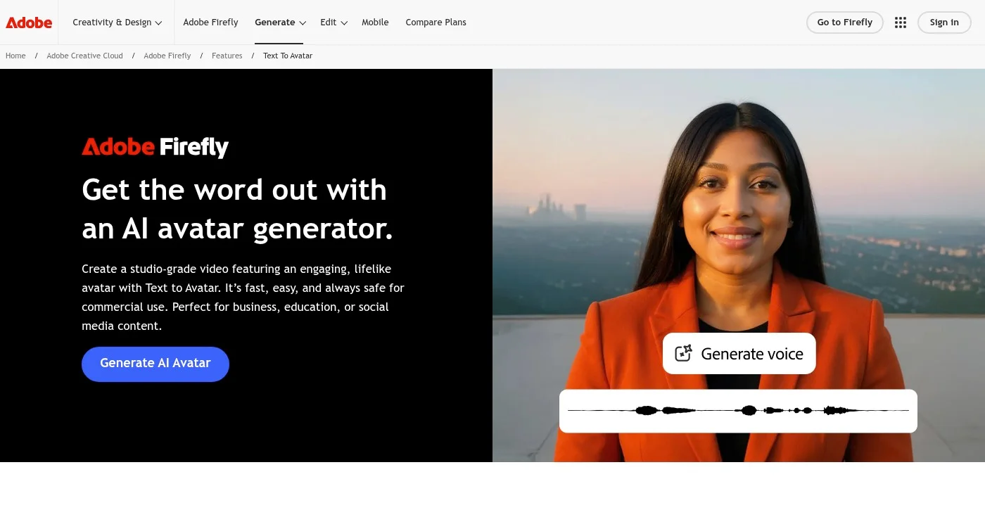 Adobe Firefly AI avatar generator homepage
