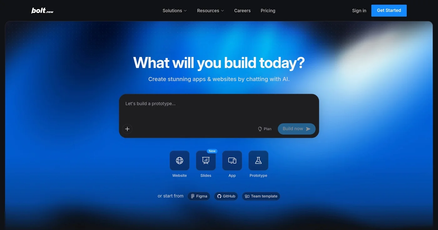 Bolt.new homepage with prompt input