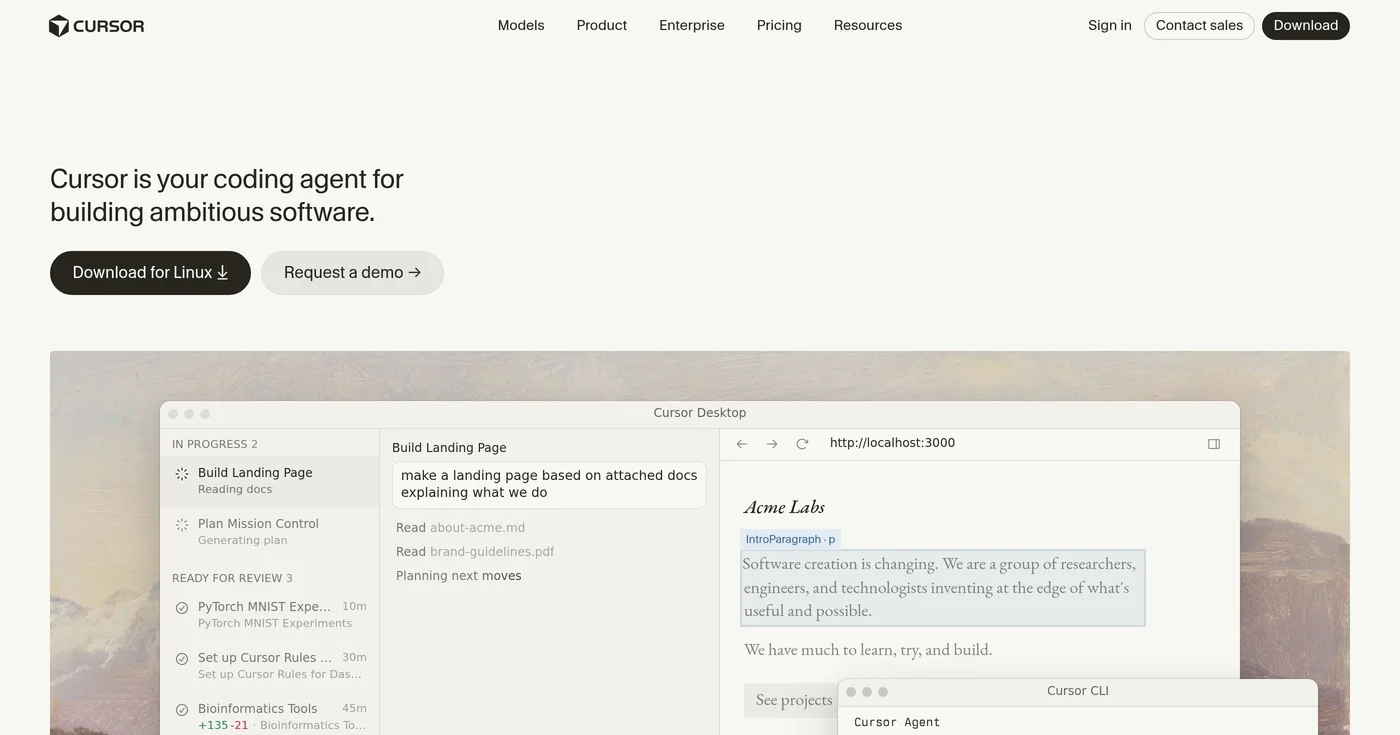 Cursor homepage with desktop agent UI