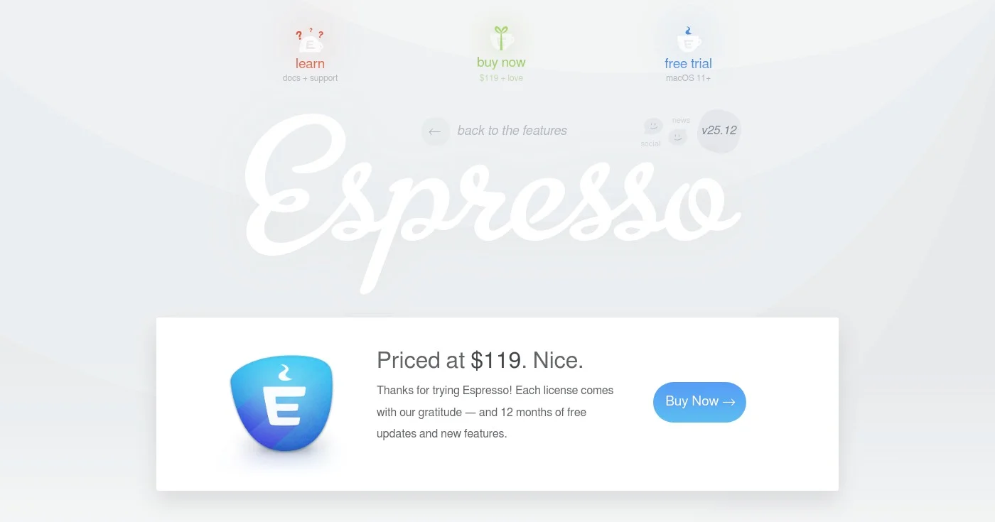 Screenshot of Espresso homepage