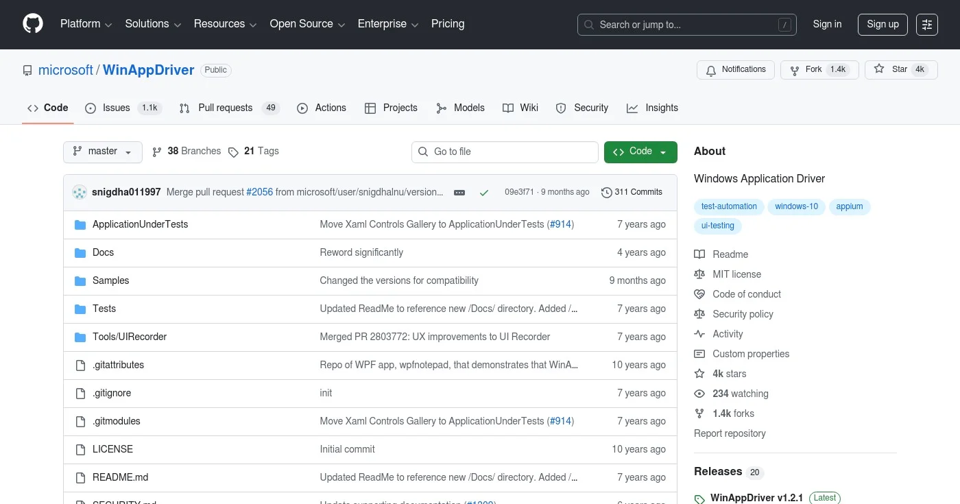 Screenshot of WinAppDriver homepage