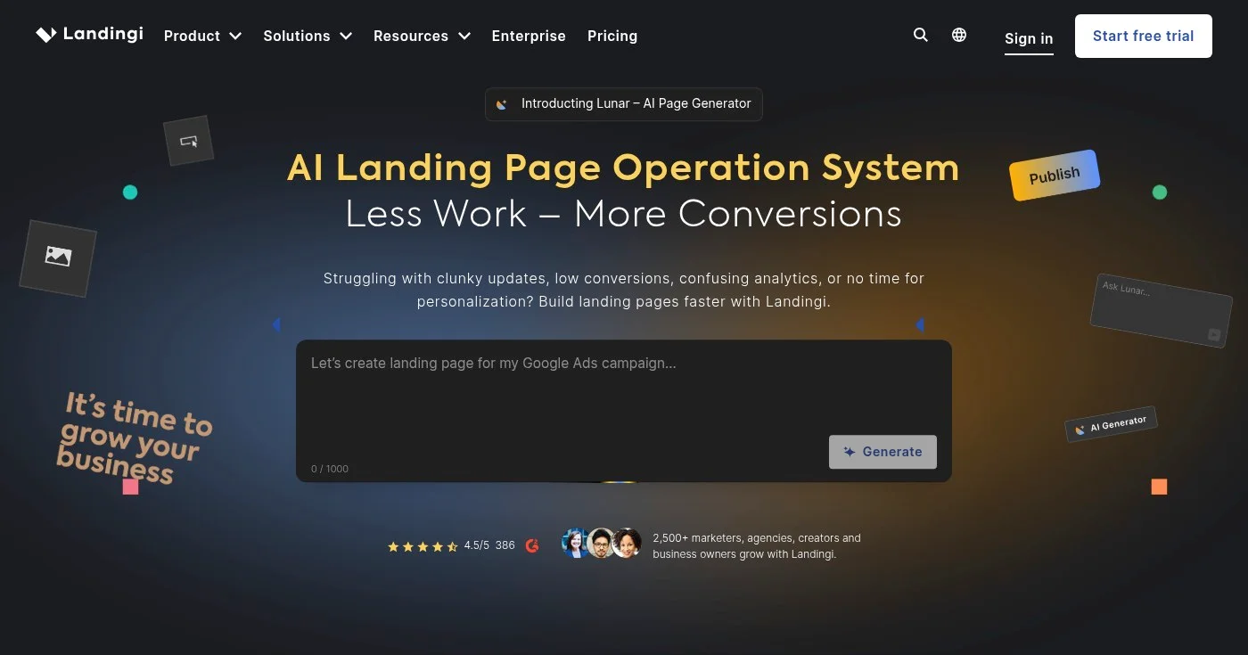 Landingi landing page builder homepage screenshot