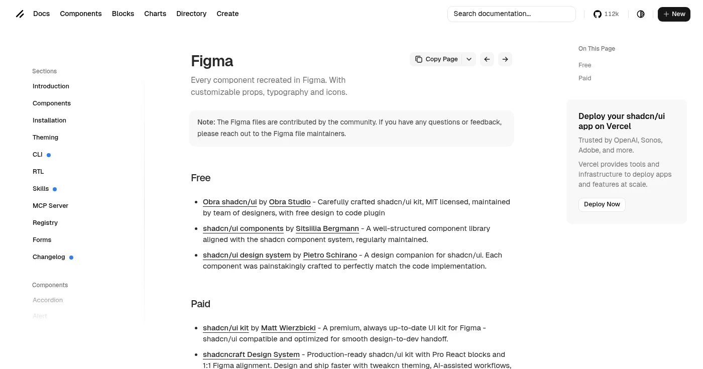 shadcn/ui Design System for Figma page