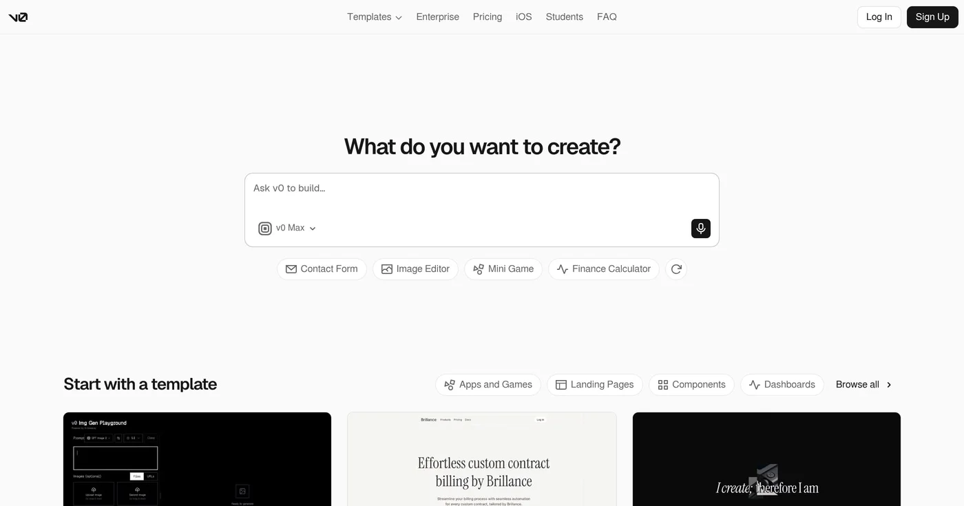 v0 homepage with prompt and templates
