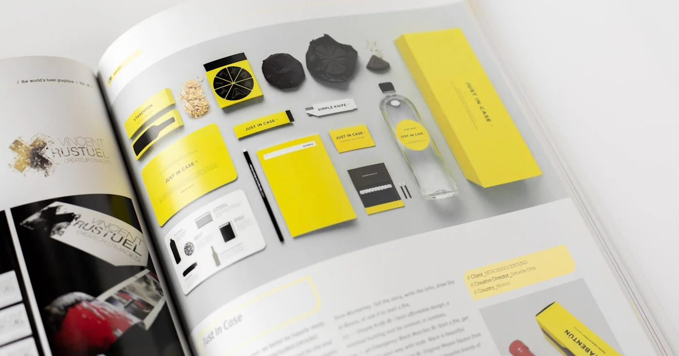 Visual identity system in practice: editorial design showing color, typography, and layout working together